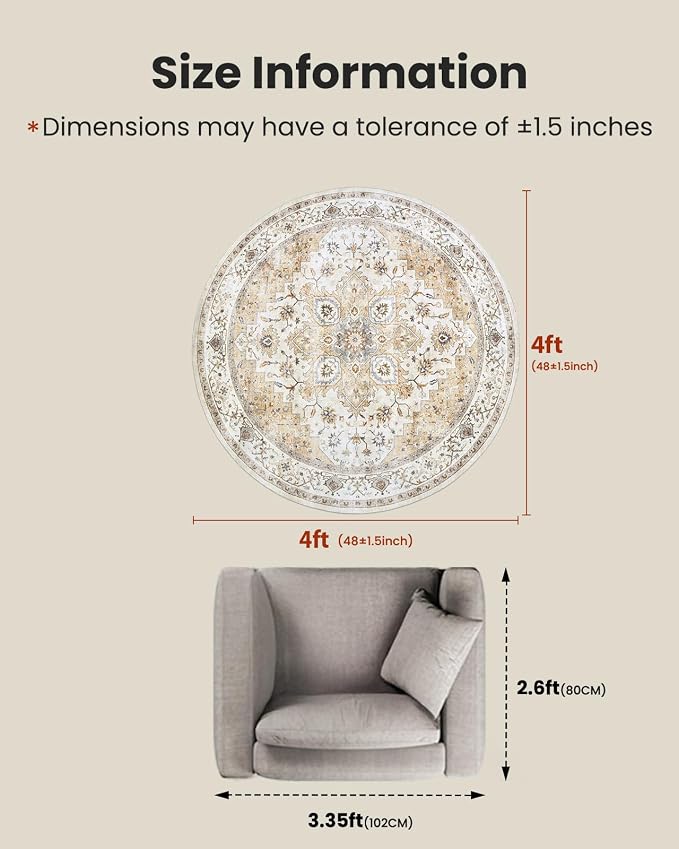 AMADA HOMEFURNISHING Round 4ft Area Rugs, Low-Profile Washable Rug with Non-Slip Backing & Durable Edge Binding, Vintage Rugs for Living Room, Bedroom, Dinning Room