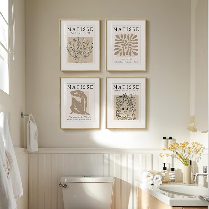 Framed Neutral Beige Matisse Minimalist Wall Art for Bathroom, 11x14 Inch | Set of 4 pieces, Abstract modern, Botanical prints, Living room, Dining room, Bedroom, Home office decor