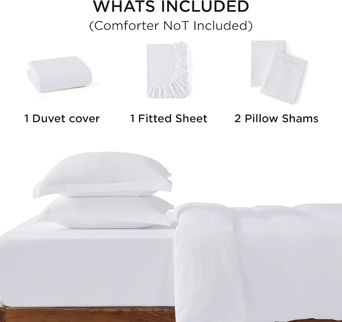 Bedsure Prewashed Duvet Cover Full with Fitted Sheet, 4Pcs, Bright White | 4-Piece Set, 15-Inch Deep Pocket, Ultra Soft, Relaxed Texture, Breathable, Zipper Closure, 8 Corner Ties, Easy Care