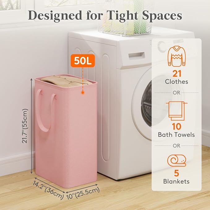 Lifewit Slim Collapsible Laundry Basket with Handles, 50L, Pink | Narrow Laundry Hamper for Dirty Clothes, Tall Thin Laundry Bin, Small Clothes Hamper for Bathroom, Bedroom, RV, Dorm