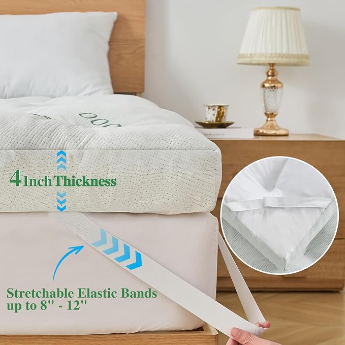 WhatsBedding 4 Inch Memory Foam Mattress Topper Queen Size for Back Pain, Filled with Breathable Gel Memory Foam, Cooling Bamboo Viscose Air Layer