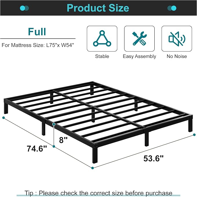 Maenizi 8 Inch Full Size Bed Frame, Metal Platform Bed Frame Full | No Box Spring Needed, Heavy Duty Support Up to 3000 lbs, Easy Assembly, Noise Free, Black