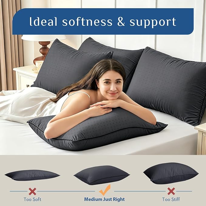 JOLLYVOGUE Black Pillows Queen Size Set of 4, Washable Supportive Firm Bed Pillows with Oeko-Tex Certified Soft Down Alternative Fill, Fluffy Luxury Hotel Quality for Side, Back, and Stomach Sleepers