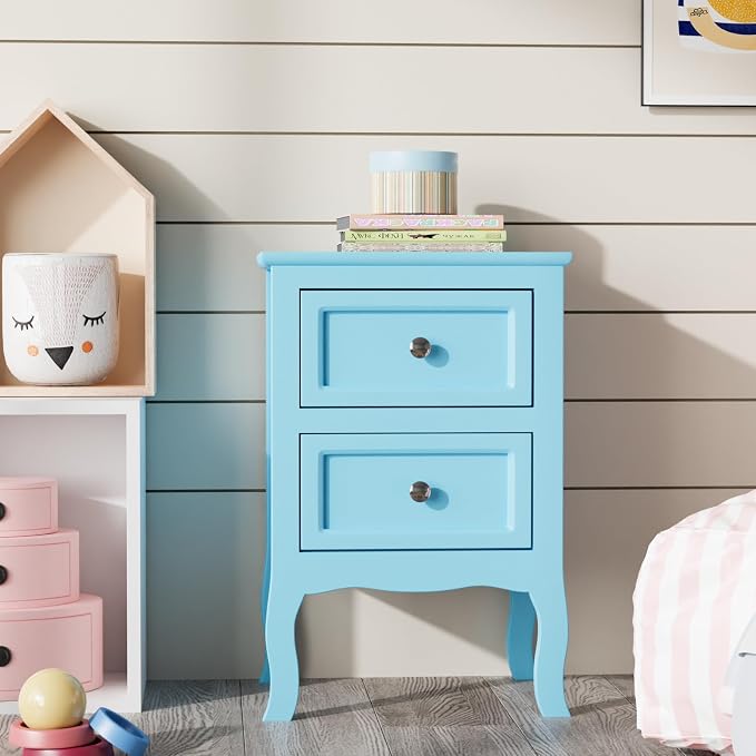 Bonnlo Nightstand Set of 2, Nightstands with 2 Drawers, Blue Nightstand, Bed Side Table/Night Stand, Small Nightstands for Bedroom, Small Spaces, College Dorm, Kids’ Room,Living Room, Wood,16W*12D*24H