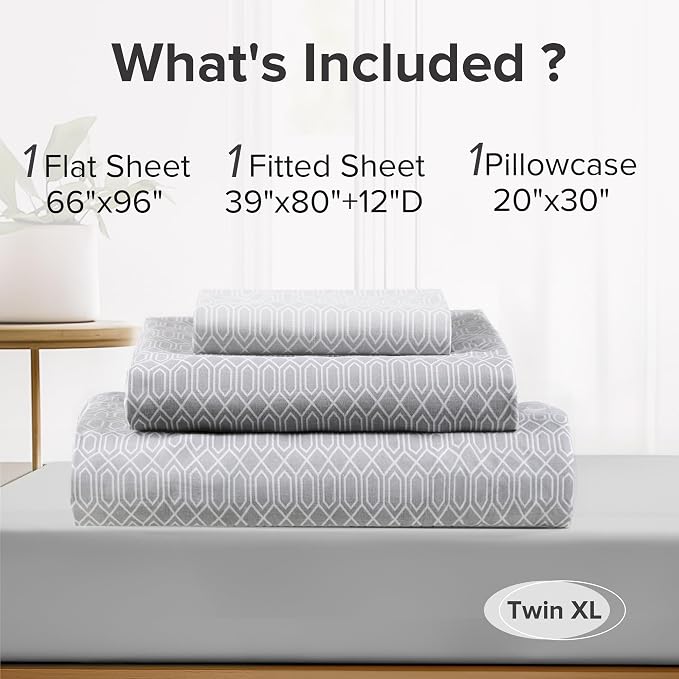 Comfort Spaces 100% Cotton Percale Sheets Twin XL Size 3 Pcs, Diamond Grey | Crisp, Cool & Breathable Bed Sheets, 12" Deep Pocket Fits Up to 14" Mattress, Lightweight, All Season Cozy, with Pillow Case