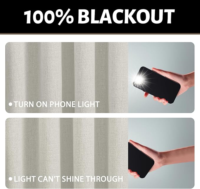 Yakamok Cream Linen Textured Curtains 90 Inches Long for Living Room | 100% Blackout Curtains,Room Darkening Curtains,Thermal Grommet Bedroom Curtain 2 Panels with Greyish White Liner,52W x 90L