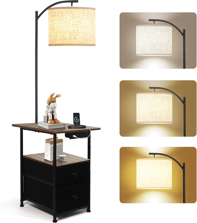 PESRAE Floor Lamp with Table & 2 Drawers, End Table with Lamp, Vintage Grey | Charging Station with USB, Type-C & AC Outlet; 9W LED Bulb with 3 Color Temperatures for Bedroom, Living Room & Home Office