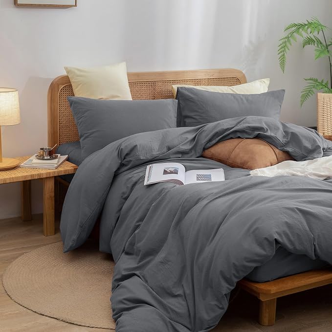 BESTOUCH Cotton Solid Duvet Cover Set Quiet Shade Grey Super Queen | 100% Washed Cotton, Soft Wrinkle Texture, Hidden Zipper, 8 Ties, Breathable Lightweight Durable Comfy, 3 Pcs No Insert