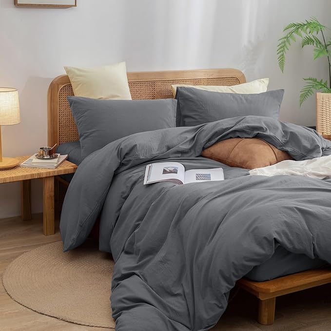 BESTOUCH Cotton Solid Duvet Cover Set Quiet Shade Grey Super King | 100% Washed Cotton, Soft Wrinkle Texture, Hidden Zipper, 8 Ties, Breathable Lightweight Durable Comfy, 3 Pcs No Insert