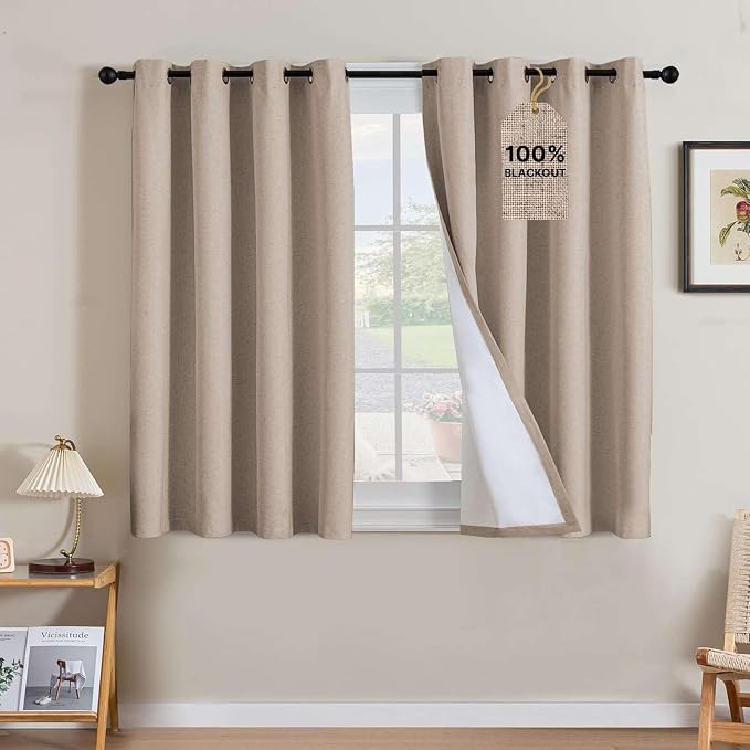 H.VERSAILTEX Linen Curtains 100% Blackout Curtains for Bedroom 45 inch Long Full Light Blocking Nature Linen Blended Window Curtains for Living Room Nickel Grommet (2 Panels, Heathered Sand)