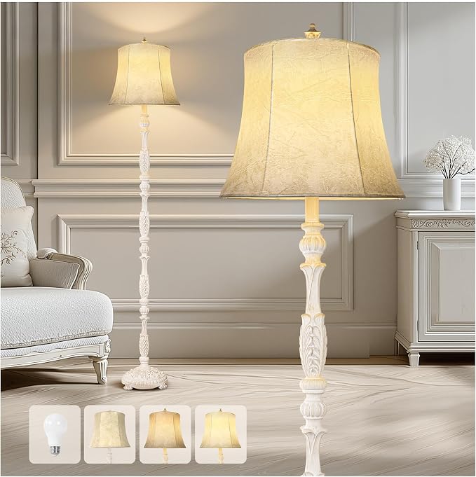 Scenekoy Rustic 66” Wash White Floor Lamp for Living Room Bedroom | Resin Carved Standing Lamp with Faux Leather Shade, Adjustable Bulb, Rotary Switch Rustic Lamp Decor for Home Room Office