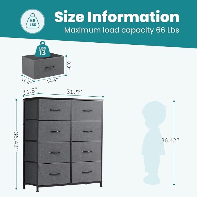 DUMOS 8 Drawer Dresser for Bedroom, Fabric Storage Organizer | Wooden Top Chest of Drawers with Sturdy Metal Frame for Closet, Entryway, Grey