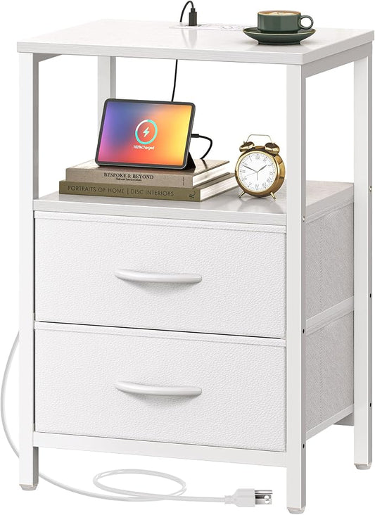 Huuger Nightstand with Charging Station, Side Table with Fabric Drawers | End Table with Open Shelf, Bedside Table with USB Ports and Outlets, Night Stand for Bedroom, Bed Side Table, White