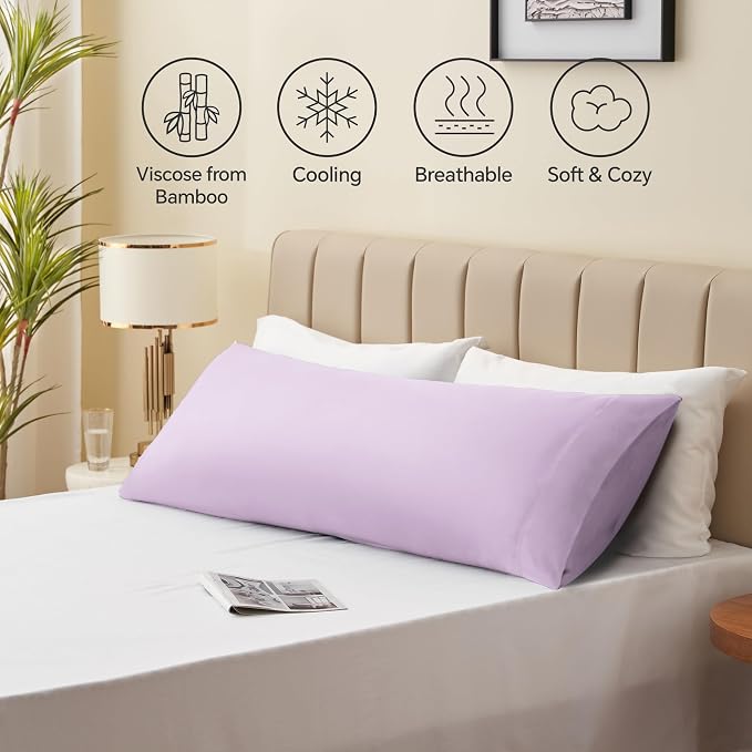 BEDELITE Body Pillow Pillowcase, Rayon from Bamboo, Light Purple, 20"x54" | Cooling and Breathable Body Pillow Cover for Hot Sleepers & Night Sweats, Silky Soft Full Long Pillow Case, Envelope Closure