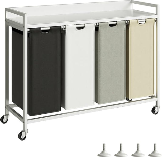 Herture Laundry Hamper with Shelf, Laundry Basket 4 Section, Laundry Sorter with Pull-Out Removable Large 4 Color Bags and Movable Wheels, Metal Frame, 4 x 15.87 Gallons (60L), White PF07XLE