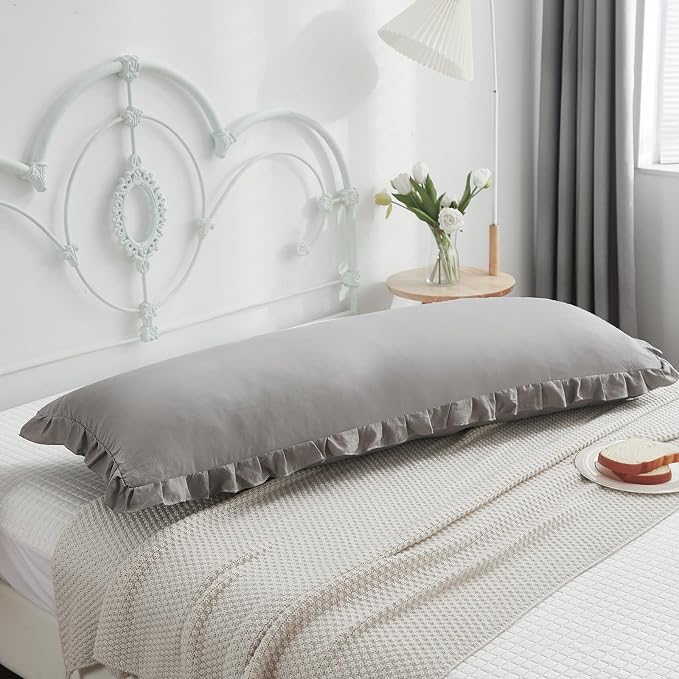 Shabby Chic 20x54in Light Grey Body Pillow Cover with Ruffled Fringe Decor