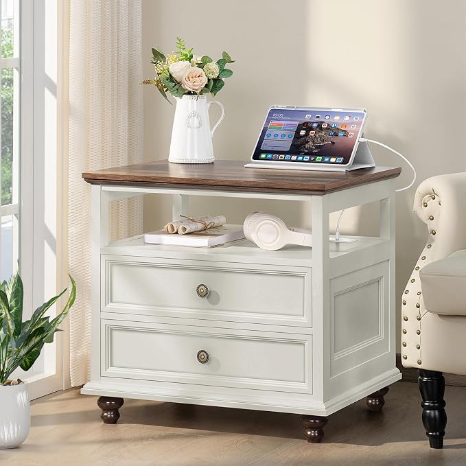 Joaxswe Farmhouse Nightstand Set of 2 with Charging Station, 24" Wide End Table with 2 Drawers,Dresser for Bedroom,Bed Side Table Chest of Drawers Cabinet,Wood White Night Stand for Living Room