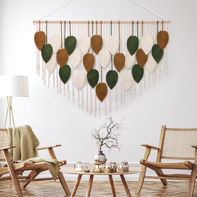 Large Macrame Wall Hanging Boho Woven Tapestry Chic Home Decor Wall Art | KHOYIME Modern Bohemian Handmade Leaf Feather Decorations for Apartment Living Room Bedroom Nursery Backdrop 51.5"W X 33.5"L