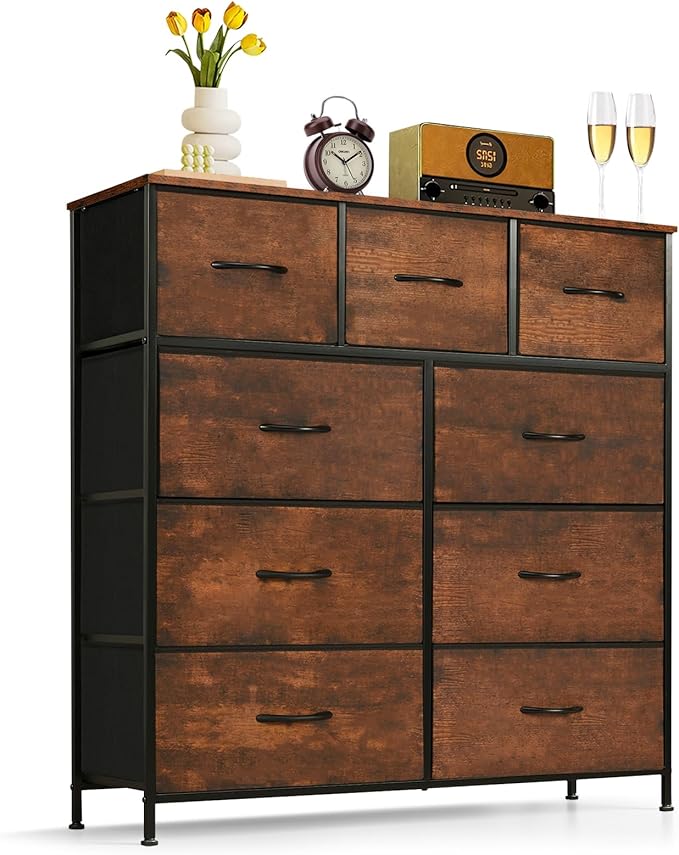9-Drawer Dresser for Bedroom, Anti-Tip Tall Storage Organizer | Chest of Drawers with Wooden Top and Metal Frame Fabric Bins for Closet, Living Room, Hallway, Entryway, Brown