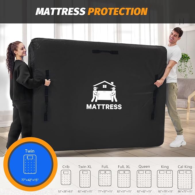 Mattress Bags for Moving, BETU Mattress Protector Waterproof Mattress Cover Storage Bags with 8 Heavy-Duty Handles and Zipper for Bed Extra Thick Large Reusable ,77"x42"x15",Black,2 Pack