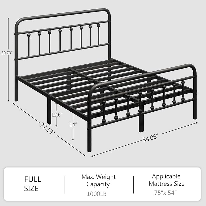 zunatu Full Size Metal Bed Frame with Victorian Style Headboard and Footboard, Steel Slat Support Platform Bed, No Box Spring Needed, Under Bed Storage, Easy Assembly, Black