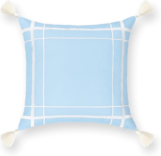 Hofdeco Premium Coastal Patio Indoor Outdoor Throw Pillow Cover Only, 20"x20" Water Repellent for Backyard, Couch, Baby Blue Embroidered Line Frame