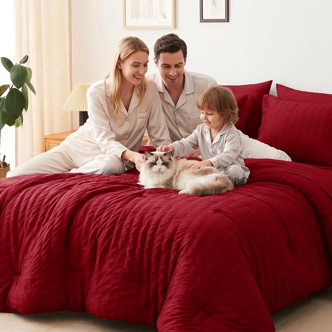 King Size Comforter Set, 7 Pieces Dark Red Seersucker Bed in a Bag | OEKO-TEX Certified, All Season Bedding Set with 240 GSM Down Alternative Comforter, Flat & Fitted Sheets, Pillowcases & Shams