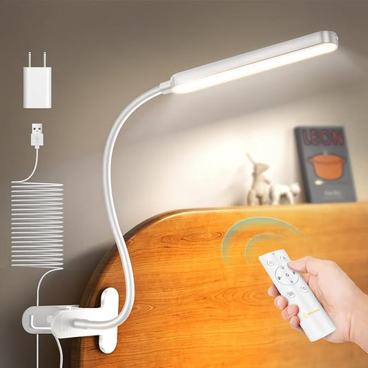 Glocusent 38 LED Clip On Light,5W Eye Caring Book Lights for Reading | - 5 Color & 5 Brightness with a Remote, 30-Min Auto Off Timer, Multi-Purpose Clip Lamp for Bed Reading/Studying/Working