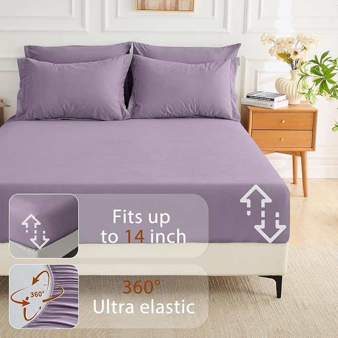 7 Pieces King Comforter Set, Soft Bed in a Bag King Size, All Season Bedding Set with Comforter, Flat Sheet, Fitted Sheet, Pillowcases & Shams, Greyish Purple