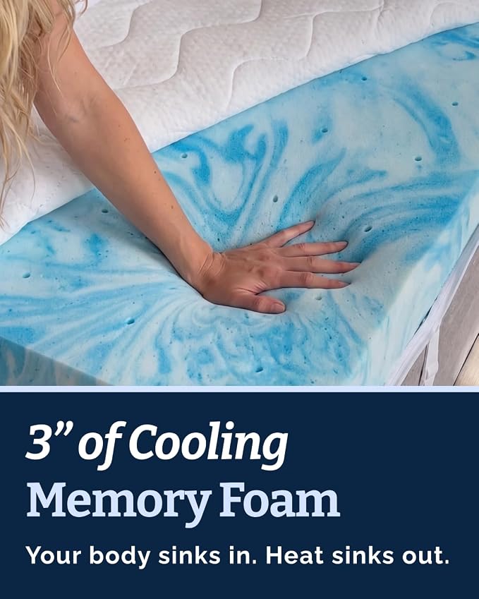 Mattress Topper - 3 Inch Memory Foam Mattress Topper with Cover - Queen | Cooling Cover for Hot Sleepers, Plush, Thick & Comfy, Pain & Pressure Relief, Mattress Pad with Straps & Washable Cover