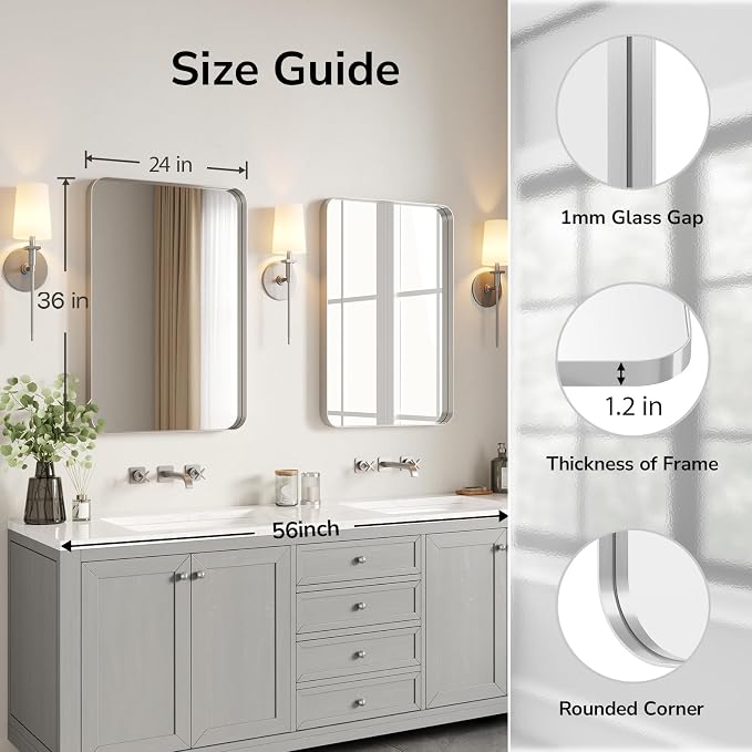Brushed Nickel Bathroom Mirror 24"x36" | Silver Rectangle Vanity Mirrors for Bathroom Sink, Aluminum Frame, Anti-Rust, Tempered Glass, Horizontal or Vertical