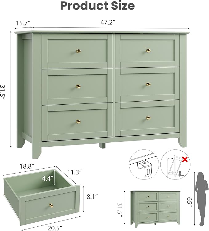 Garvee 6 Drawer Dresser for Bedroom, 47.2" Wide Modern Large Chest of Drawers with Metal Knobs, Wooden Clothes Storage Organizer for Closet, Nursery, Living Room, Apartment, Sage Green | Lacquered Finish, Metal Knobs, Clothes Storage Organizer for Clos...