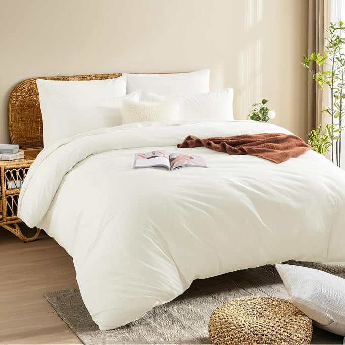 NEXHOME PRO Twin Duvet Cover Set, 100% Washed Cotton with Linen-Like Texture, Natural Organic, Breathable & Comfortable, Includes Home Bedding Set Milk White (No Comforter) 6890