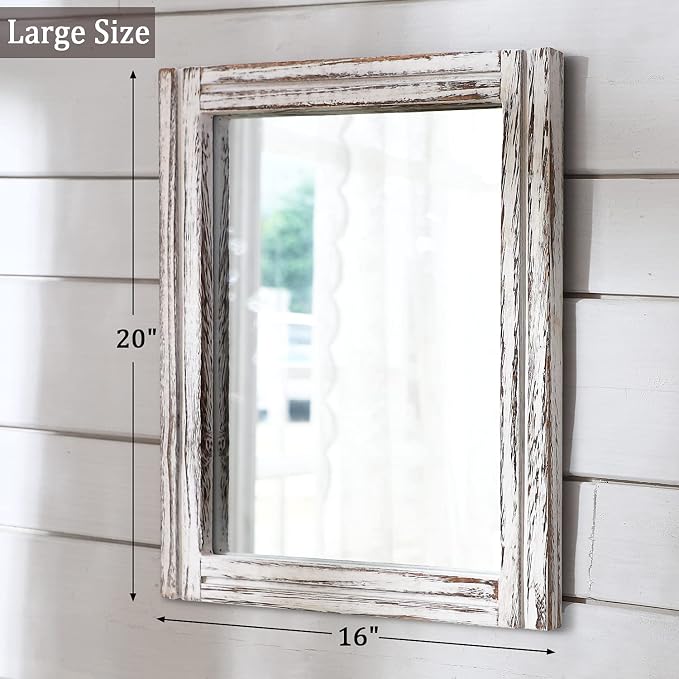 AAZZKANG Rustic Wall Mirror Rectangle Wood Framed Large 20"x16" | Decorative Hanging Mirrors for Bedroom Bathroom Living Room Home Entryway White