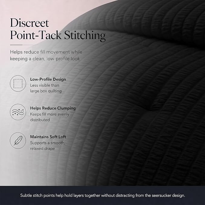 Full Size Comforter Sets, 7 Pieces Black Seersucker Bed in a Bag | OEKO-TEX Certified, All Season Bedding Set with 240 GSM Down Alternative Comforter, Flat & Fitted Sheets, Pillowcases & Shams
