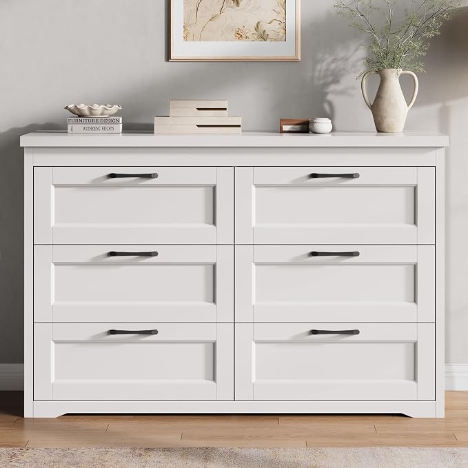 Jocoevol White 6 Drawer Dresser for Bedroom, 47.2" Modern Chest of Drawers | Wooden Storage Dresser with Mental Handle, Large Double Dresser with 5.9" Deep Drawers for Living Room, Hallway Entryway
