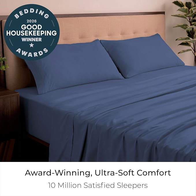 Mellanni Iconic 4-Piece, Ultra Soft Sheet Set (California King, Blue Nova) | 10M+ Sleepers. Lab-tested: Sleeps Cool, Stays Bright, Strong, Smooth. Good Housekeeping Best Bedding, 7 yrs running.