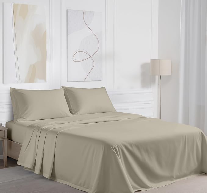 RUVANTI 100% Cotton Percale Sheets King Size, Taupe | Crisp Cooling, Deep Pocket 16", Soft Breathable & Durable, Hotel-Style, 4 Piece Set