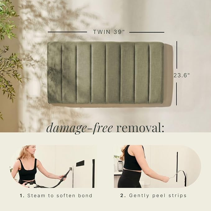 Nestl Upholstered Twin Headboard - Easy Assemble Channel Stitched Headboard Twin Size - Wall Mounted Headboards with 3D Soundproof Wall Panels Peel & Stick Floating Headboards, Olive Green