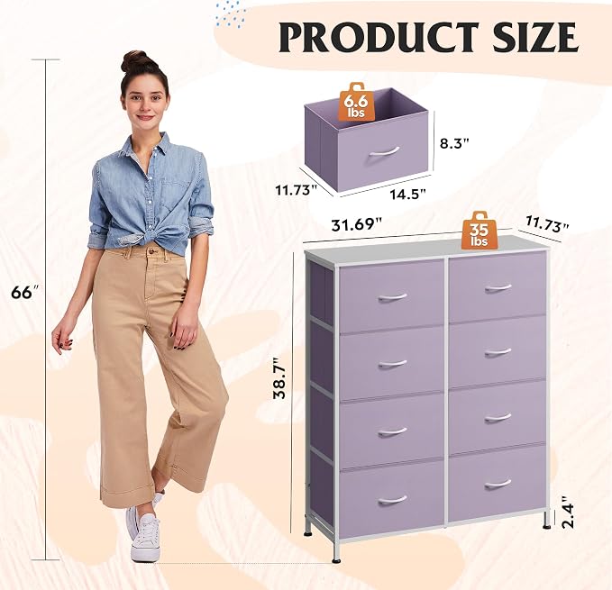 WLIVE 8 Drawer Fabric Dresser for Bedroom, Tall Storage Tower, Purple | Purple 8-drawer tall storage tower with fabric bins and wood tabletop, breathable non-woven, perfect for bedroom closet dorm