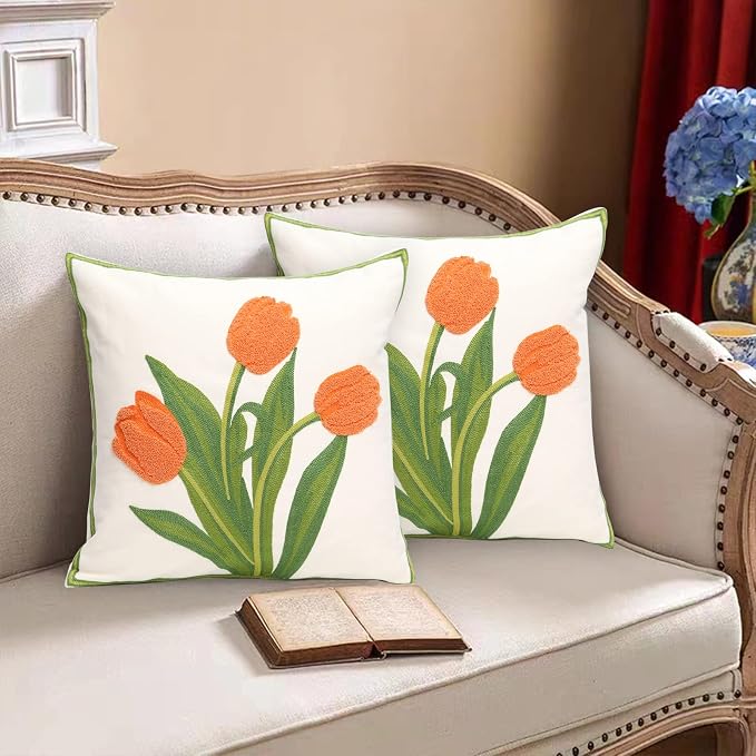 Pack of 2 Embroidered Decorative Throw Pillow Cover 18x18 Inch Farmhouse Floral Pillowcase for Living Room Sofa Bed (Orange Tulip)