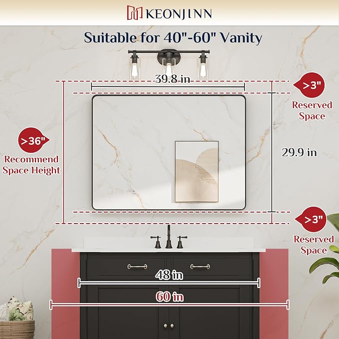 Keonjinn 40 x 30 Inch Brushed Nickel Bathroom Vanity Mirror, Tempered Glass | Silver Bathroom Mirrors for Over Sink, Rounded Rectangle Vanity Mirror, Rust-Resistant Aluminum Frame, French Cleat Mount