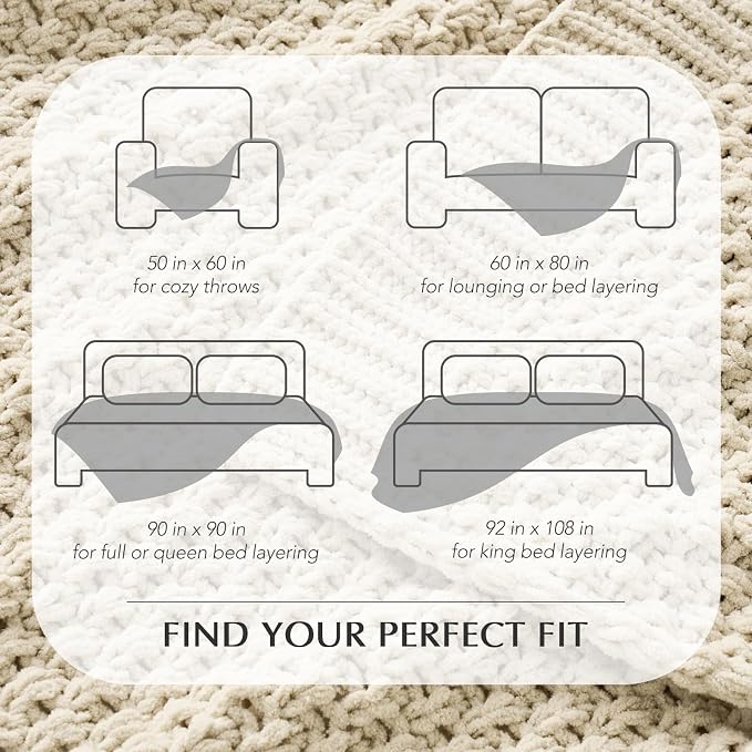 EVERGRACEHOME Chunky Chenille Knit Throw Blanket, 60 x 80, Beige | Sculpted Moss Stitch, Chic Modern Farmhouse, All-Season Warmth, OEKO-TEX® Certified, Elegant Blanket for Couch, Bed, Sofa