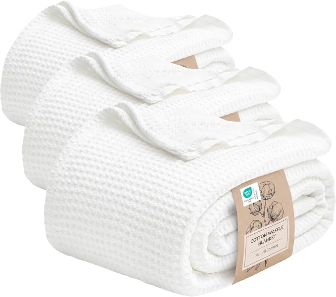 Bedsure 100% Cotton Blanket Queen Size for Bed - Cooling Breathable and Soft for Summer, Thick Cozy Waffle Weave Blanket Gifts for Women, White, 90x90 Inches (Pack of 3)