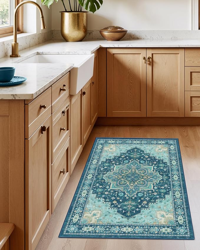 AMADA HOMEFURNISHING 2x3 Washable Entry Rug, Vintage Distress Print Pattern Carpet Small Rugs for Entryway Kitchen Bathroom Door Mat Indoor Entrance, Teal Blue