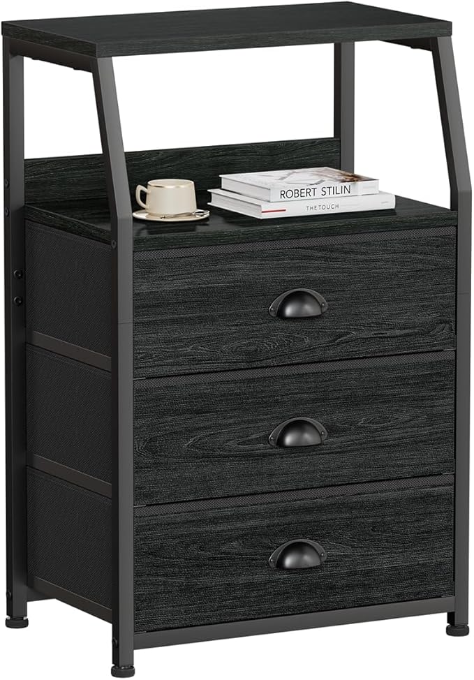 Furnulem Black Night Stand, Small Bedside Table for with 3 Fabric Drawers | Night stand with Drawers and 2-Tier Shelf, Small Dresser with Metal Frame and Wood Top, Storage Drawers for Dorm, Living Room