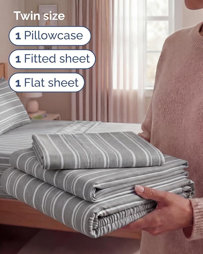 Twin Size 3 Piece Sheet Set - Breathable & Cooling Sheets - Grey Stripes | Hotel Luxury Bed Sheets for Women & Men, Deep Pockets, Easy-Fit, Extra Soft and Wrinkle Free Sheets, Oeko-Tex Bed Sheet Set