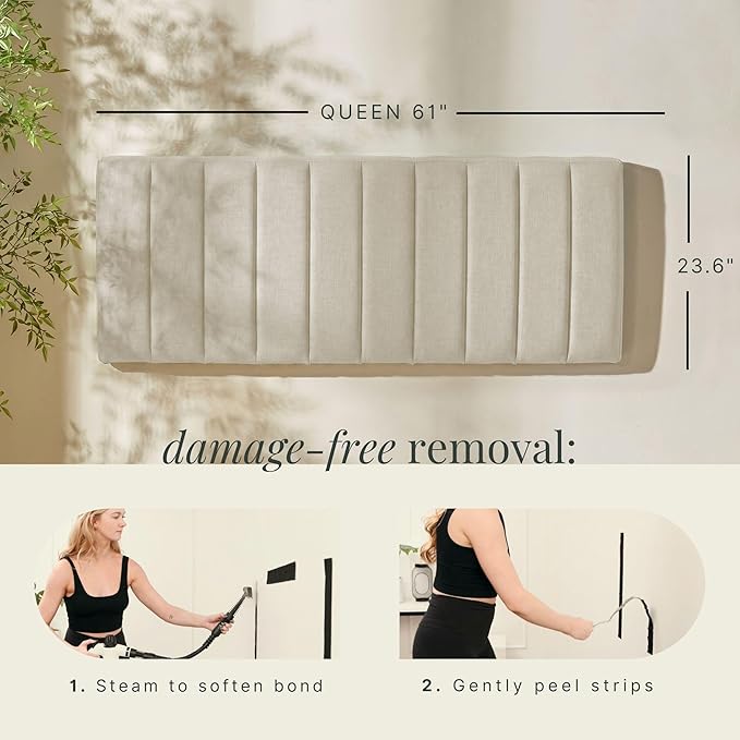 Hearth & Harbor Wall Mounted Queen Headboard Only, Bed Headboard Queen Size | Easy Assemble, Floating Peel and Stick, Upholstered, Channel Stitched, 3D Wall Panels, 5 Strips of 3M Tape Included, Linen