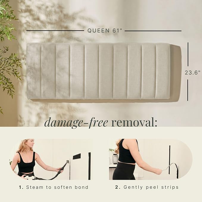 Nestl Upholstered Queen Headboard - Easy Assemble Channel Stitched Headboard Queen Size - Wall Mounted Headboards with 3D Soundproof Wall Panels Peel & Stick Floating Headboards, Linen