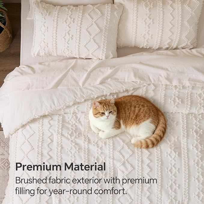 BEDELITE Full Comforter Set 7 Pieces,Boho Bed in a Bag,Cream White | Tufted Bed Set for All Seasons,Soft Farmhouse-Style Embroidery Bedding,Includes Flat & Fitted Sheets,2 Pillowcases & 2 Shams
